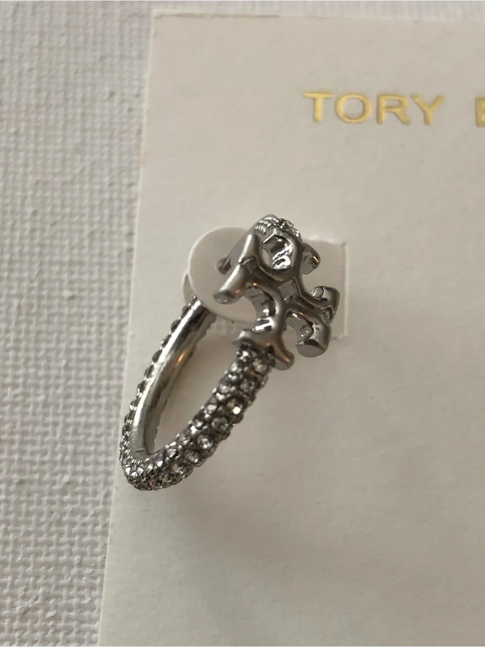 Tory Burch Silver Logo Crystal Huggie Earrings